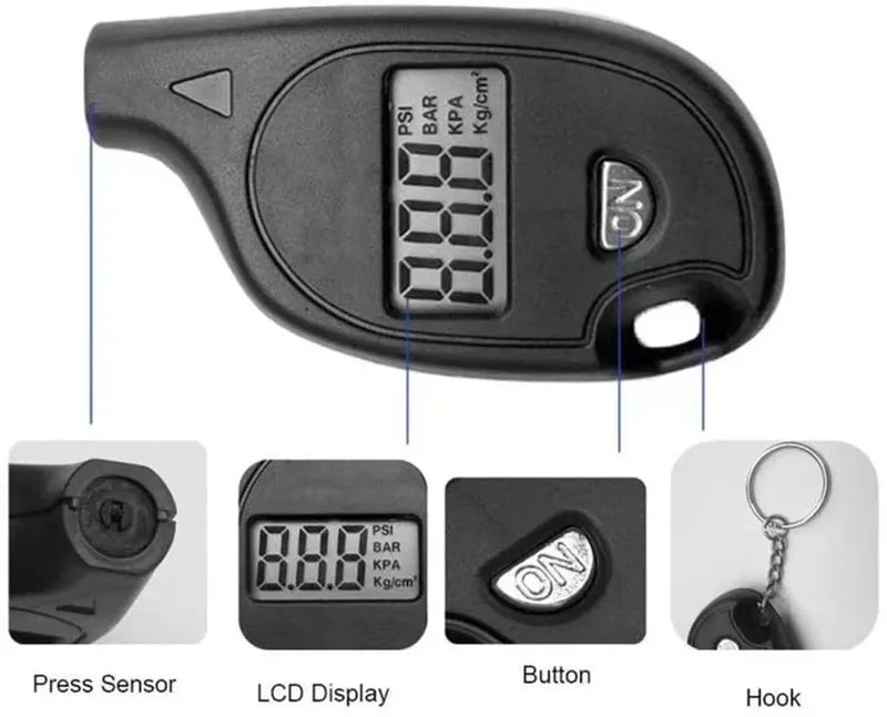 A black digital tire pressure gauge showing a LCD display, button, and hook.