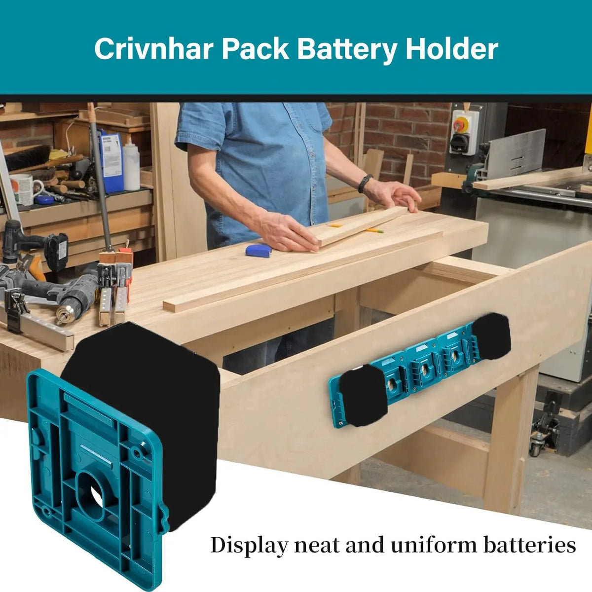 A teal battery holder designed to display neat and uniform batteries for power tools.