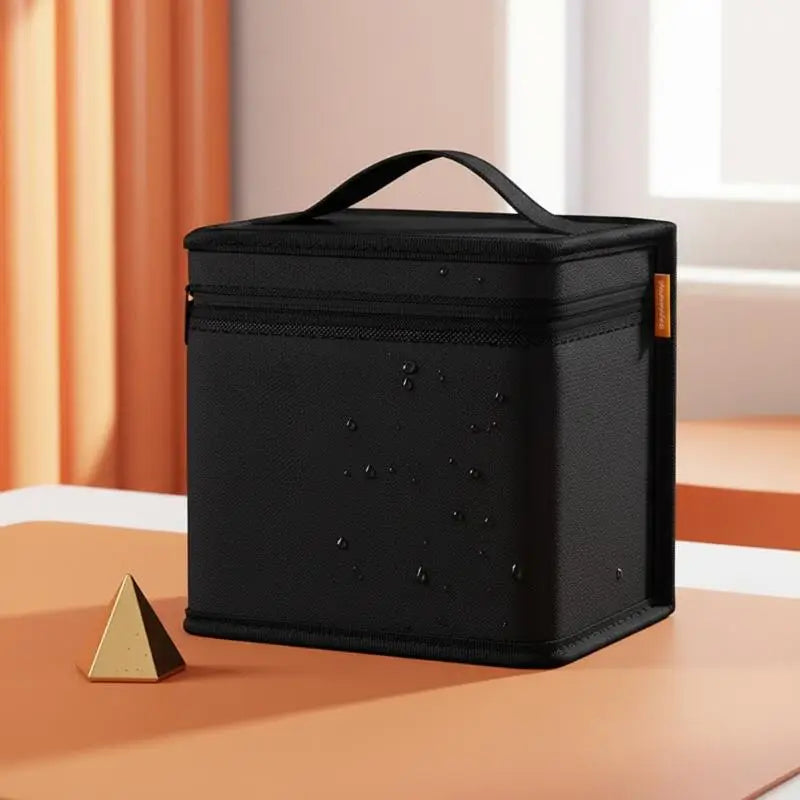 A black canvas pencil bag with a handle is displayed on a wooden surface next to a small gold triangle.