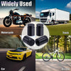 A collage showing various uses of bullet shell tire valve stem caps including a motorcycle, truck, car, and bicycle.