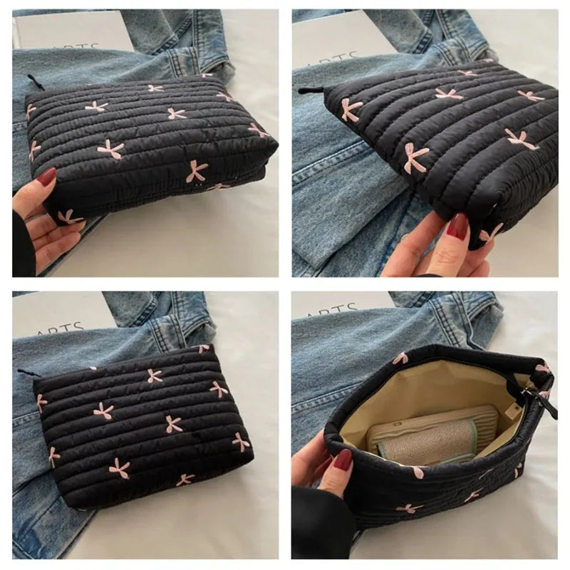 Embroidered Bow Makeup Bag with Large Capacity