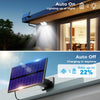 Solar flood lights illuminating a building at night and a solar panel charging during the day