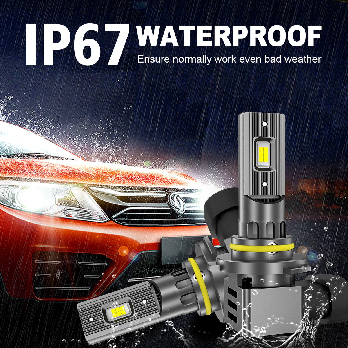 IP67 waterproof CSP LED headlight bulbs installed on a car, demonstrating protection against bad weather.