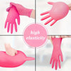 Various angles show pink disposable nitrile gloves demonstrating high elasticity and flexibility.