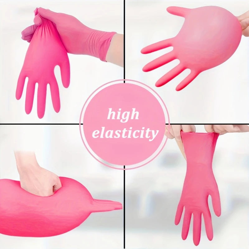 Various angles show pink disposable nitrile gloves demonstrating high elasticity and flexibility.