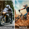 Four images showing off-road riding in dirt, on a motorcycle, on a bicycle, and an ATV.