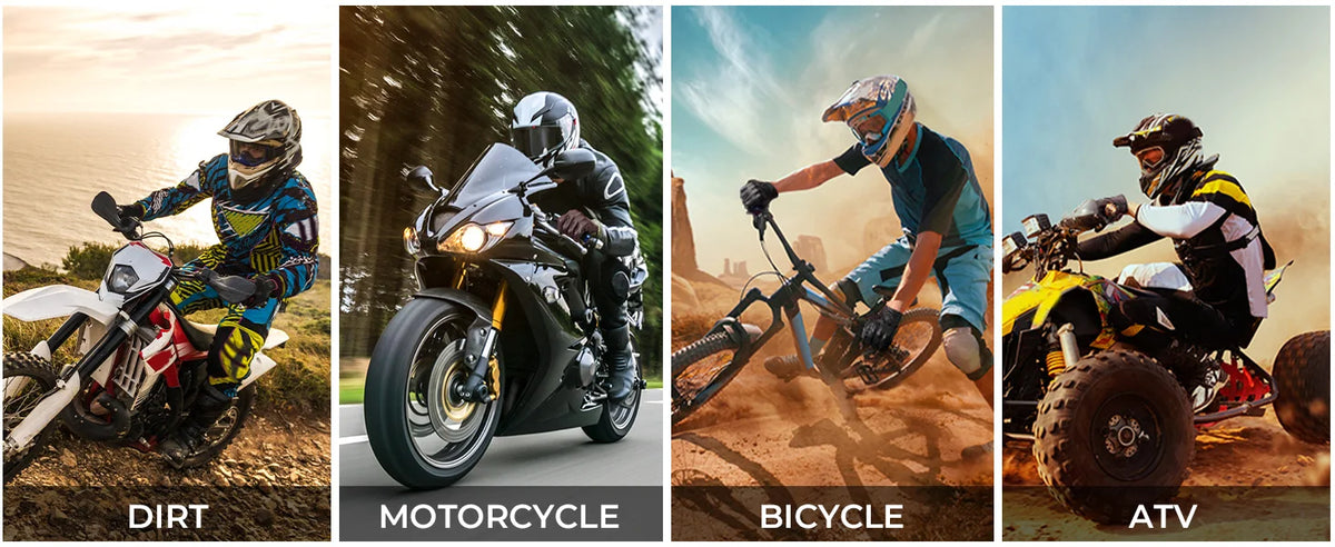 Four images showing off-road riding in dirt, on a motorcycle, on a bicycle, and an ATV.
