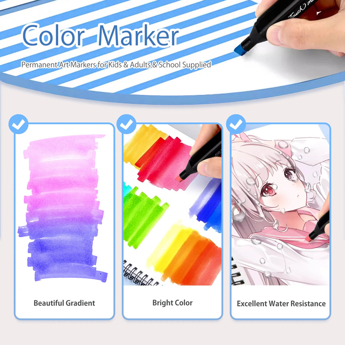 A set of color markers demonstrating beautiful gradient, bright colors, and excellent water resistance.