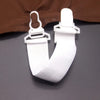White adjustable bed sheet holder clips with elastic straps shown against a brown fabric background