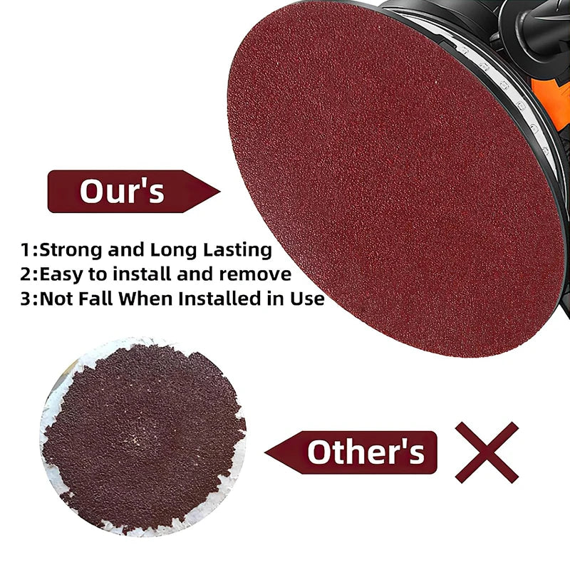 A close-up view of a red sanding disc used for woodworking, metal, and stone, highlighting its durability and ease of install