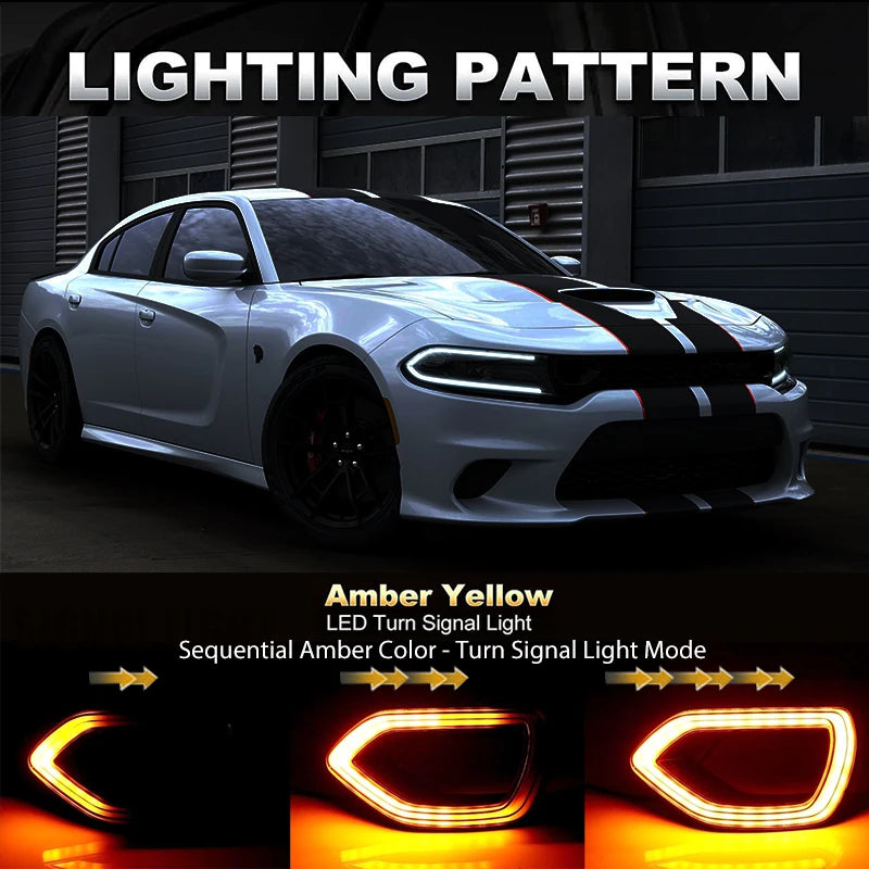 Amber yellow LED turn signal light kit for a white Dodge Charger SRT grille.