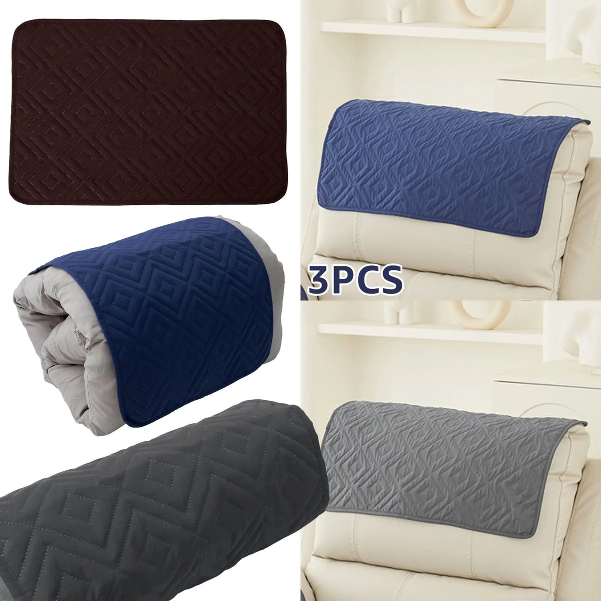 Set of three navy blue and gray quilted protector covers for a recliner headrest.