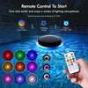 A hand holds a remote control for solar floating pool lights, with various colored light modes displayed below the water.