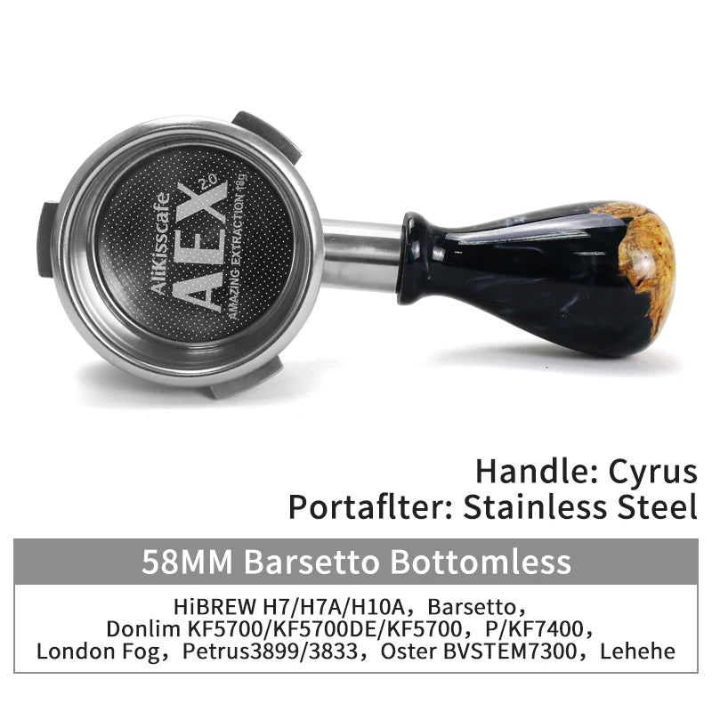 A 58mm stainless steel bottomless espresso portafilter with a black handle.
