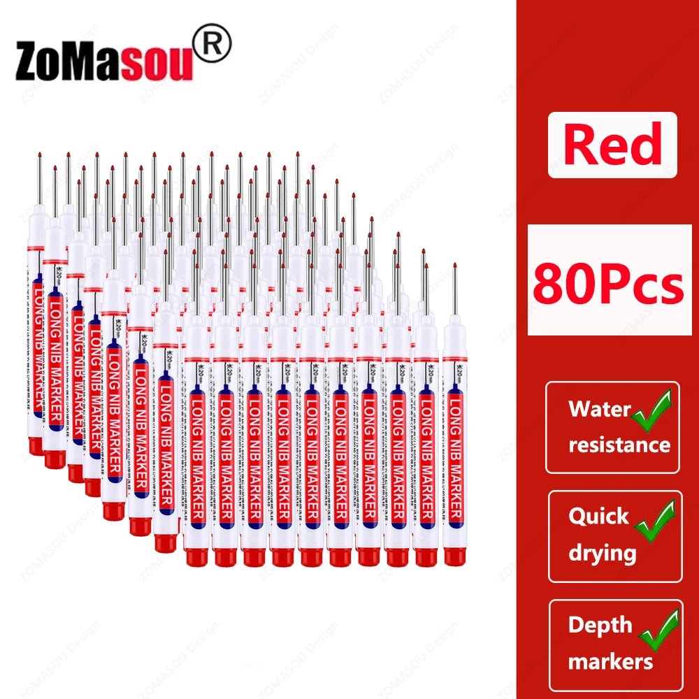 A set of 80 red long-head waterproof deep hole markers for woodworking and construction