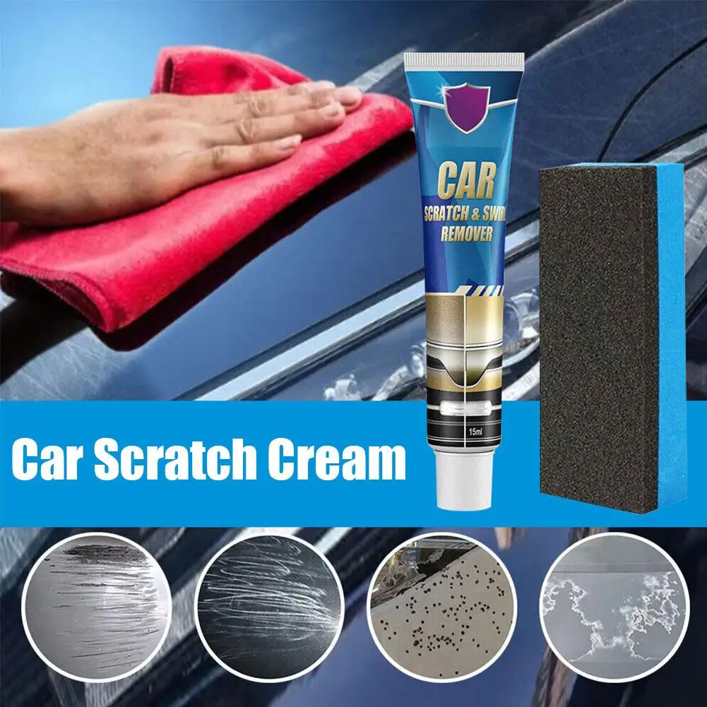 A tube of Car Scratch Cream is shown next to a red cloth and various scratch marks on a car surface.