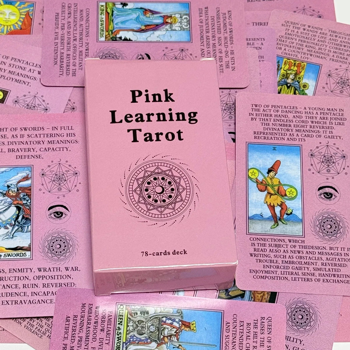 A deck of Pink Learning Tarot cards featuring various spreads and card images.