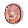 A pink anime digital badge featuring a girl with pink hair and red eyes wearing an orange plaid shirt.