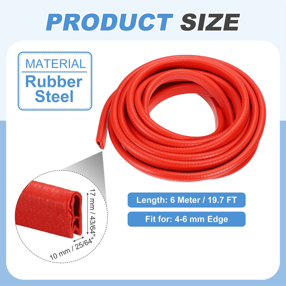A coil of red rubber pipe or tube with a U-shaped edge protector, showing its material and dimensions.