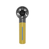 A portable USB misting fan with a silver grille and a gold body featuring a blue accent.