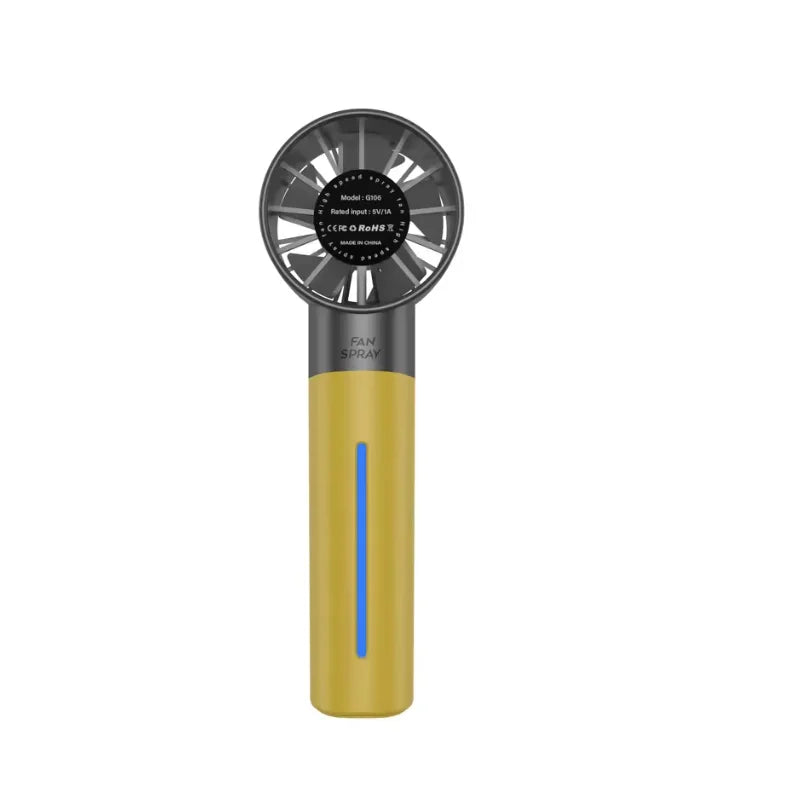 A portable USB misting fan with a silver grille and a gold body featuring a blue accent.