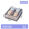 Black foldable closet organizer box with six grids for storing underwear, socks, and accessories