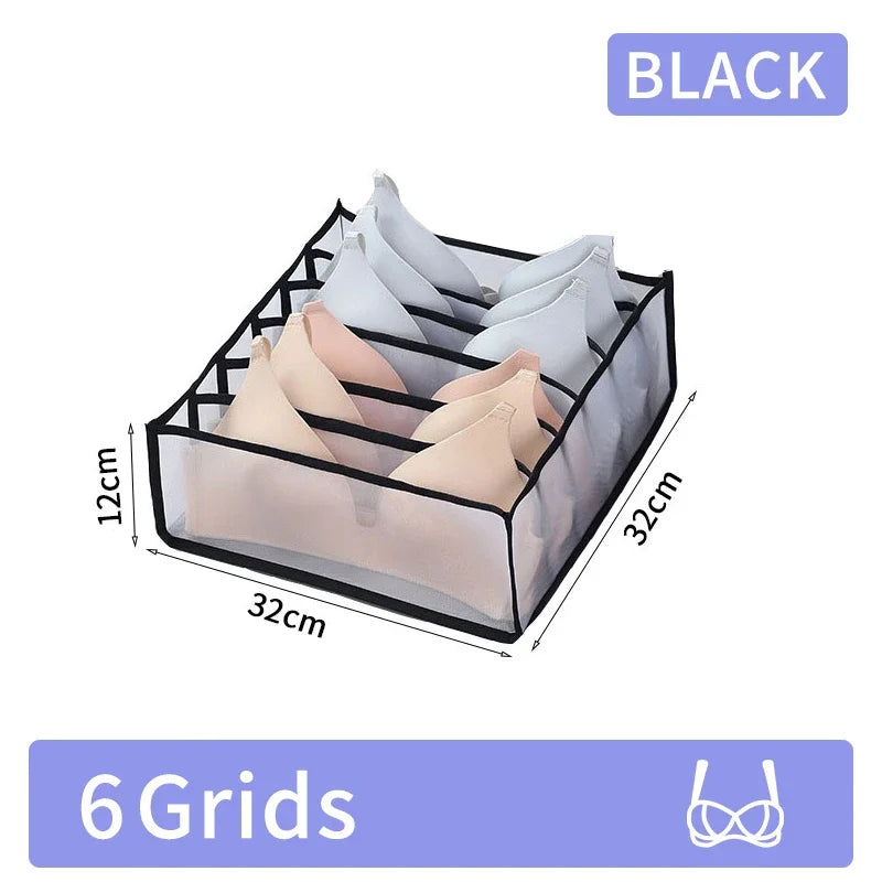 Black foldable closet organizer box with six grids for storing underwear, socks, and accessories