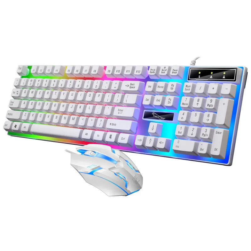 Combo de teclado y ratón para gaming con retroiluminación RGB y teclas coloridas, y un ratón ergonómico blanco.