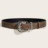A brown leather belt with an antique silver-look buckle.