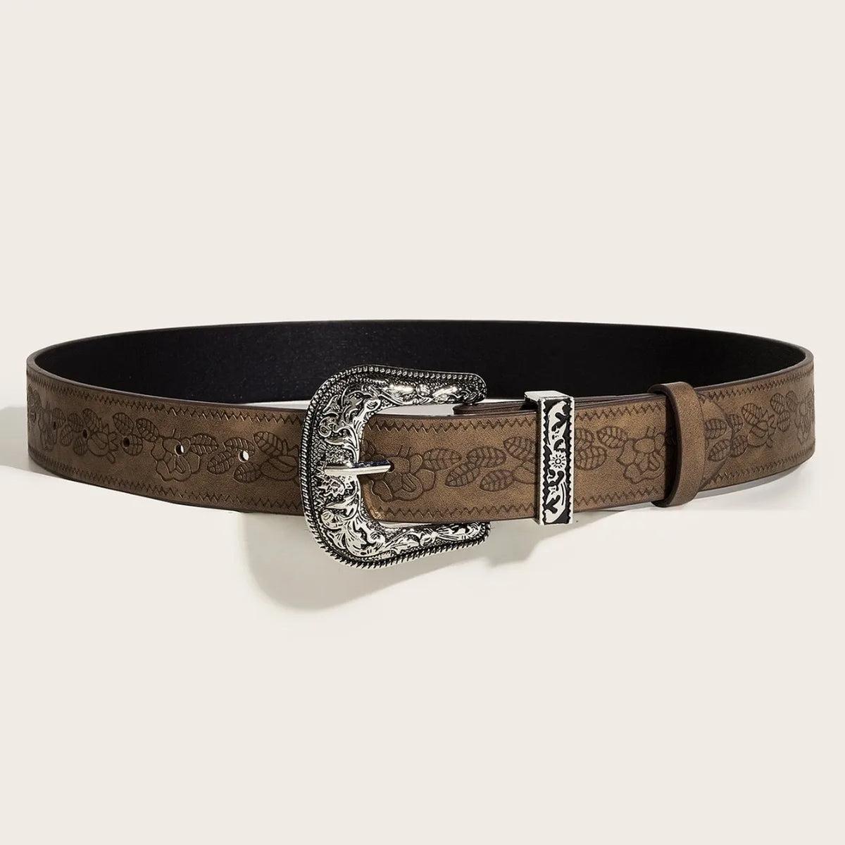 A brown leather belt with an antique silver-look buckle.