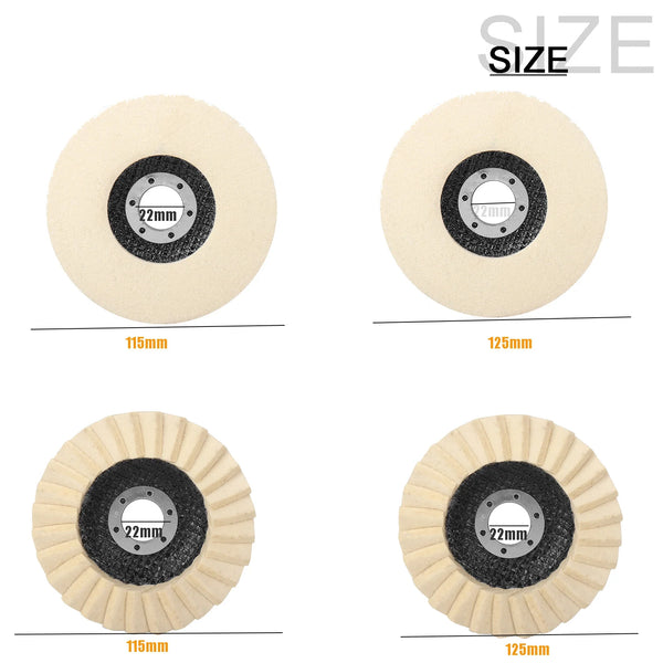 Two sets of wool polishing wheels for grinders, shown in circular view with diameters of 115mm and 125mm.