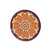 A set of enamel brooch pins featuring a floral design in shades of brown and tan on a dark background.