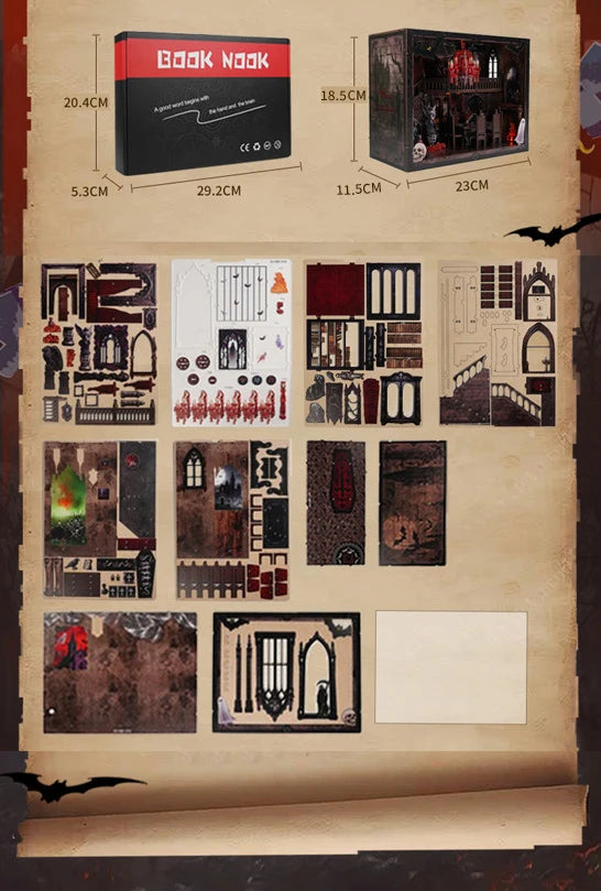 A DIY wooden book nook kit with LED lights featuring miniature shelf inserts and gothic architectural details.