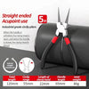 A pair of black circlip pliers with a silver and red grip, showing the clamp head open and closed.