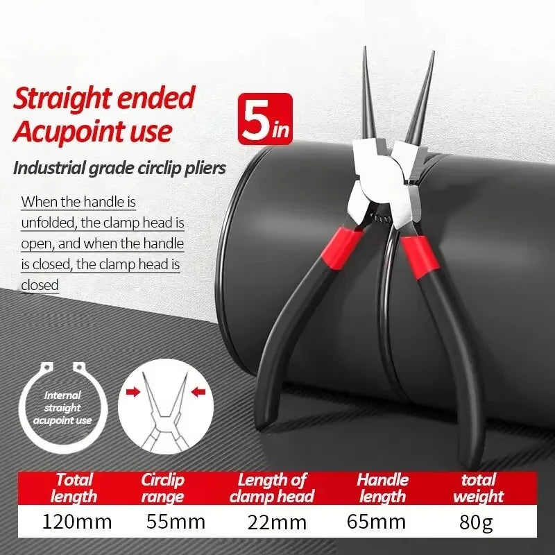 A pair of black circlip pliers with a silver and red grip, showing the clamp head open and closed.