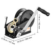 A heavy-duty hand winch with a black housing, silver arm, and a gold-colored hook and cable.