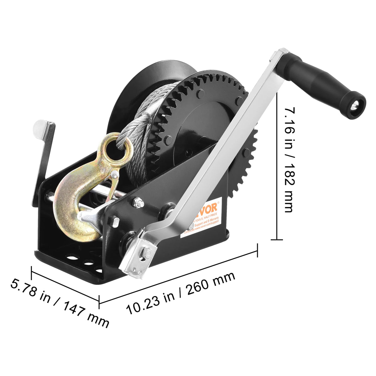 A heavy-duty hand winch with a black housing, silver arm, and a gold-colored hook and cable.
