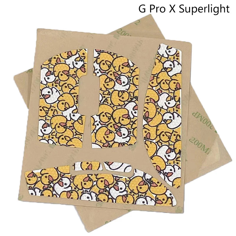 Anti-slip mouse grip tape featuring a yellow and white pattern, shown on several beige cards.