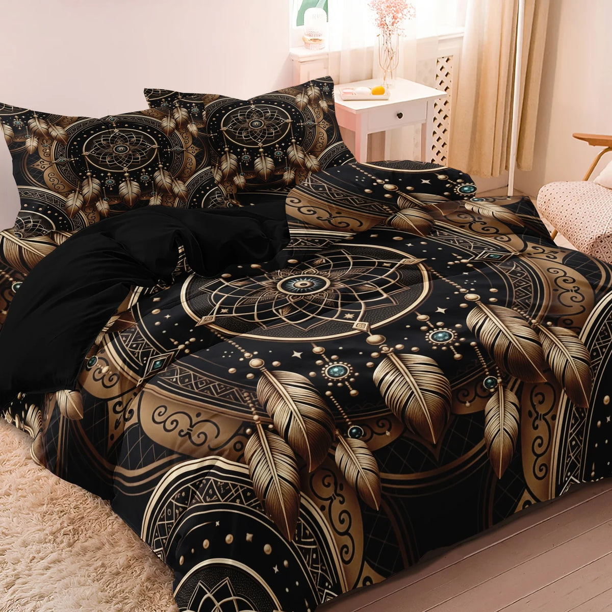A black and gold tribal dreamcatcher duvet cover set with matching pillowcases displayed on a bed.