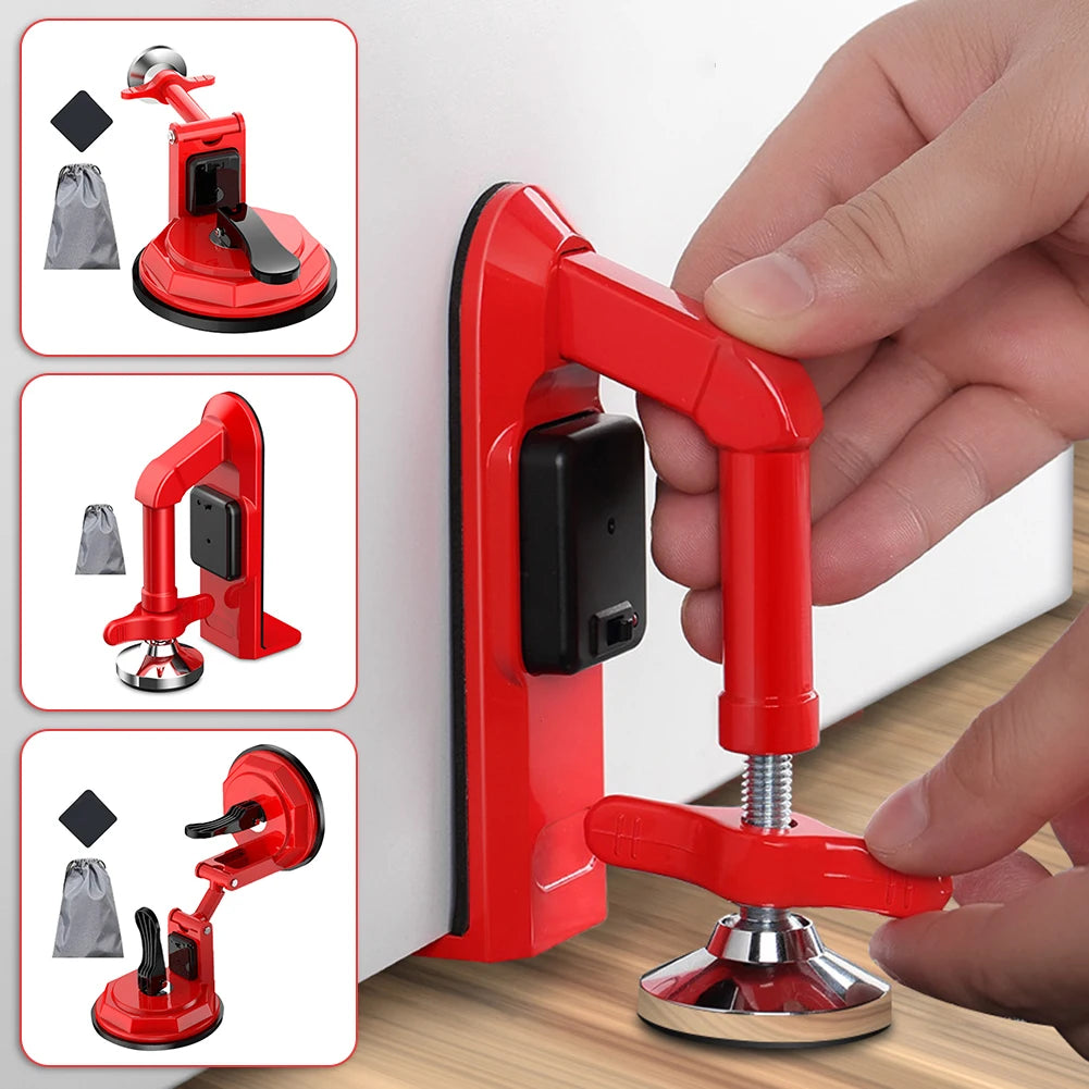 A red portable door stopper with an alarm mechanism is shown in various configurations and being held by a hand.
