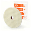 A round, light beige wool polishing pad with a center hole is shown next to its packaging.