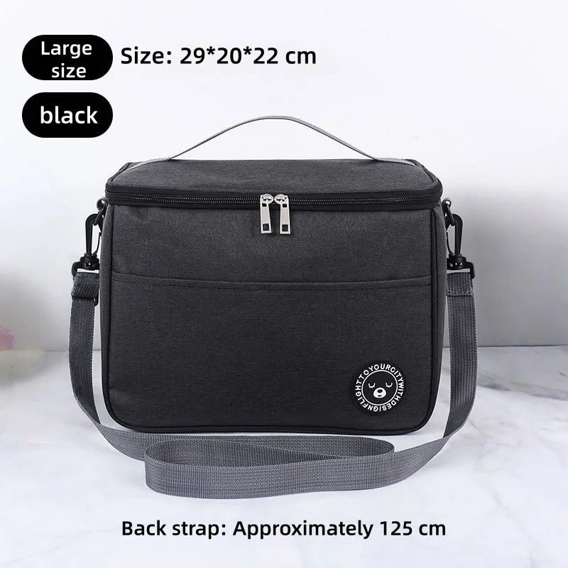 Black thermal insulated lunch bag with a black adjustable shoulder strap