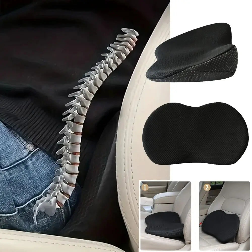 A black memory foam car seat cushion with a textured spine is shown being installed in a vehicle seat.
