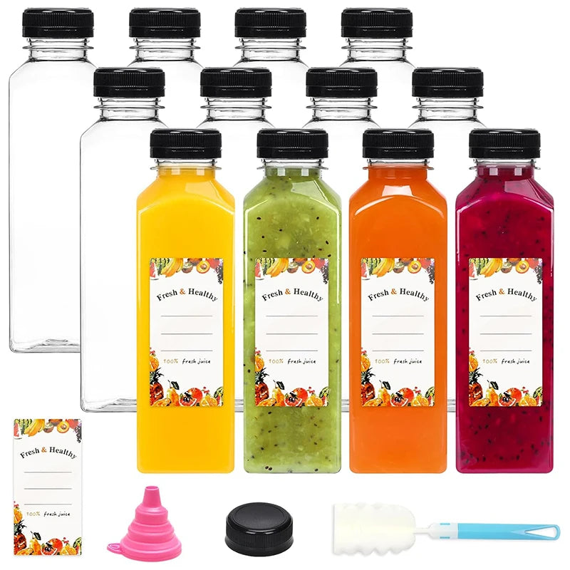 Clear Reusable Juice Bottles with Cleaning Brush and Funnel