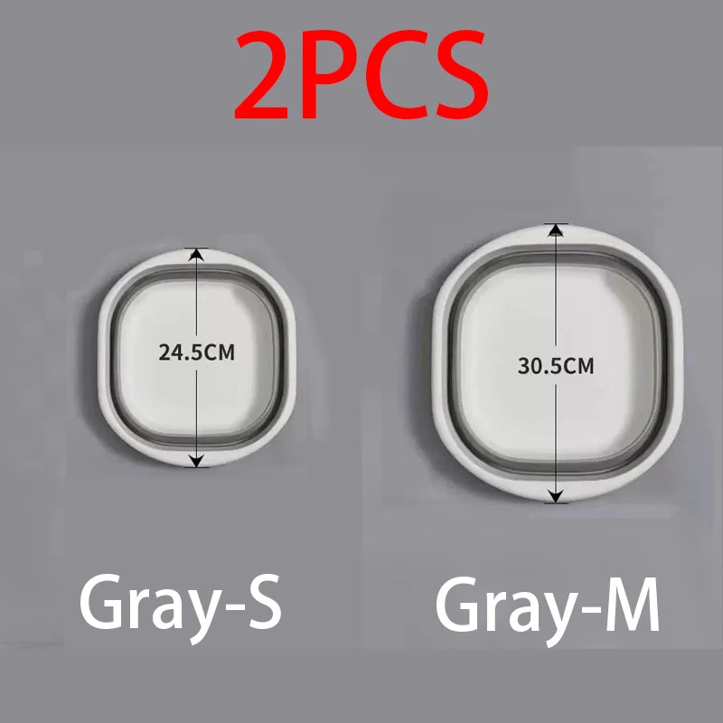 Two gray plastic wash basins, labeled Gray-S and Gray-M, showing their dimensions.