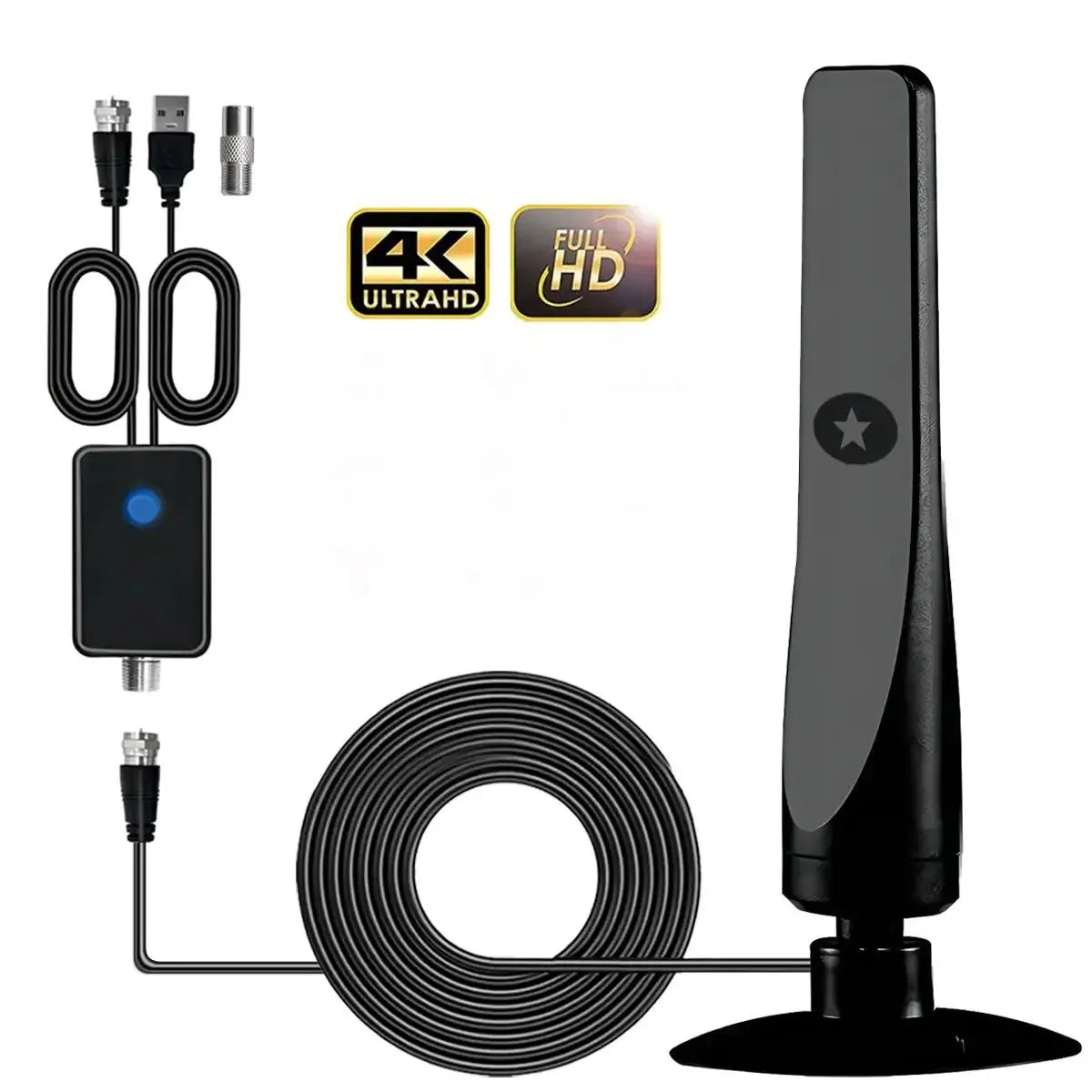 A black HD digital TV antenna with a signal booster and various cables shown for installation.
