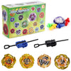 A set of metal gyro spinning tops and launchers, including various colored tops and black and blue launch mechanisms.