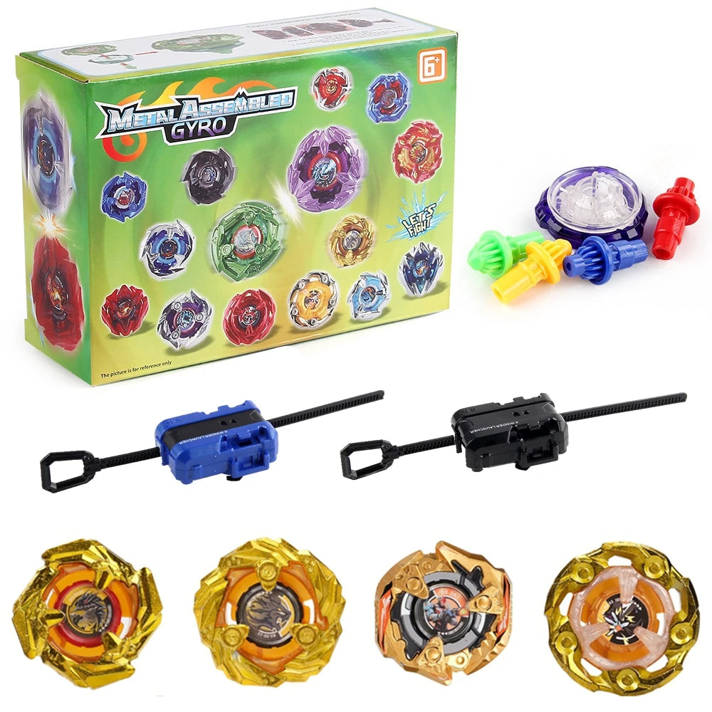 A set of metal gyro spinning tops and launchers, including various colored tops and black and blue launch mechanisms.