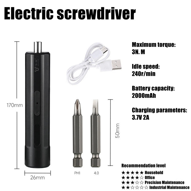 A black electric screwdriver with a long body, charging cable, and various drill bits shown next to performance ratings.
