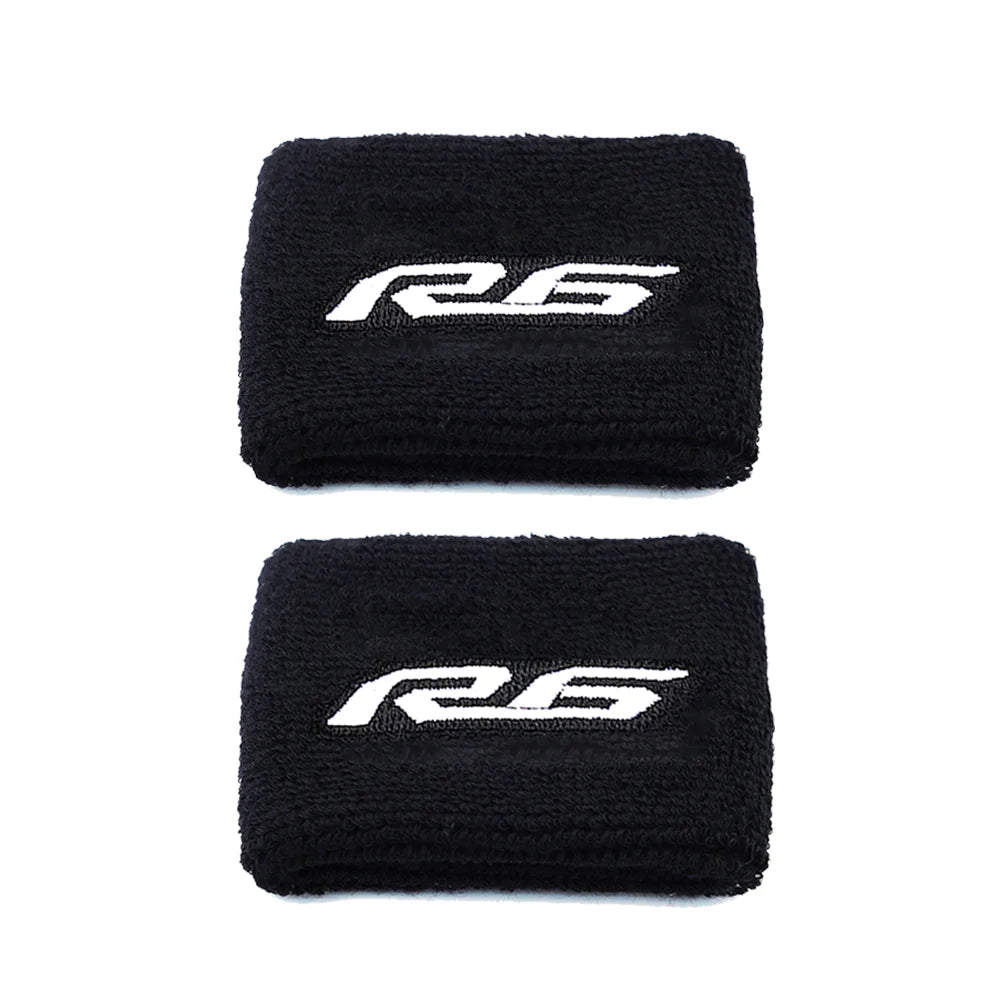 Black microfiber sock with white R6 logo for a brake fluid reservoir cover.